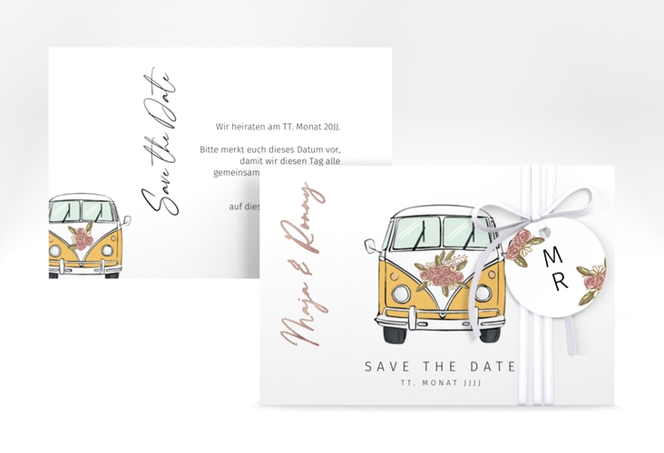 Save the Date-Karte Hochzeitsbulli A6 Karte quer gelb rosegold