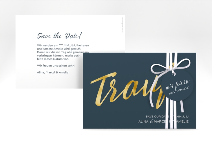 Save the Date-Karte Traufe A6 Karte quer blau gold