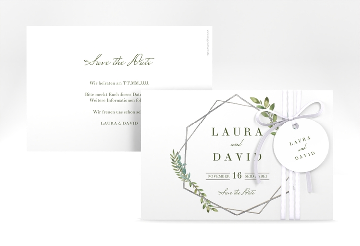 Save the Date-Karte Herbarium A6 Karte quer gold silber mit geometrischem Rahmen und Blätter-Dekor