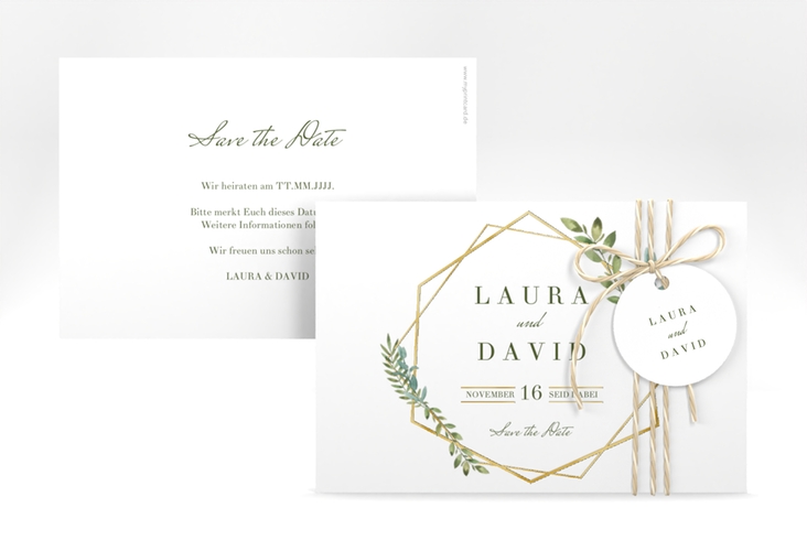 Save the Date-Karte Herbarium A6 Karte quer gold gold mit geometrischem Rahmen und Blätter-Dekor