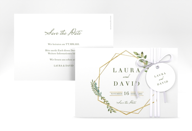 Save the Date-Karte Herbarium A6 Karte quer gold gold mit geometrischem Rahmen und Blätter-Dekor