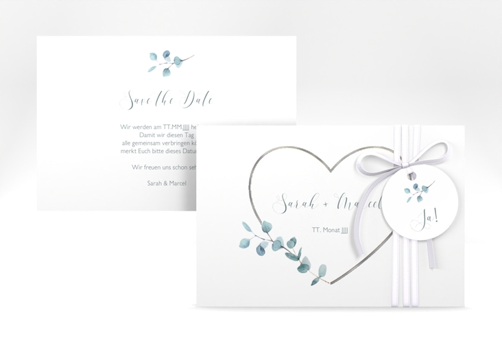 Save the Date-Karte Greenheart A6 Karte quer gold silber mit elegantem Herz und Eukalyptus-Zweig