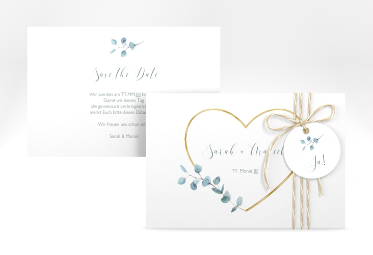 Save the Date-Karte Greenheart A6 Karte quer gold gold mit elegantem Herz und Eukalyptus-Zweig