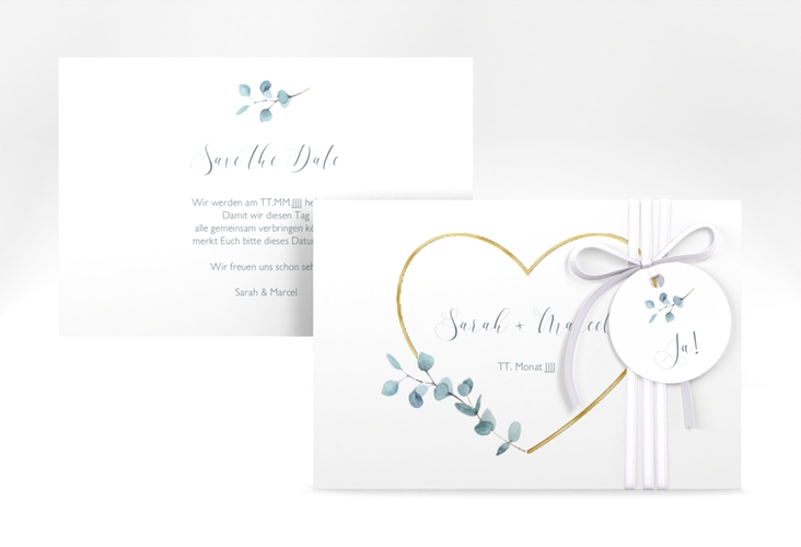 Save the Date-Karte Greenheart A6 Karte quer gold gold mit elegantem Herz und Eukalyptus-Zweig