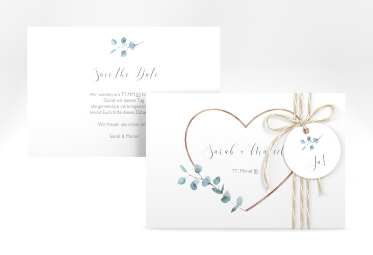 Save the Date-Karte Greenheart A6 Karte quer gold rosegold mit elegantem Herz und Eukalyptus-Zweig