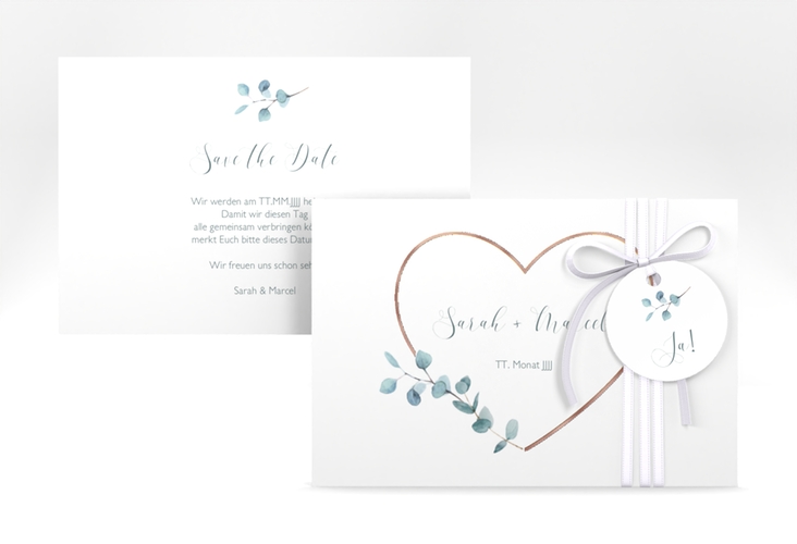 Save the Date-Karte Greenheart A6 Karte quer gold rosegold mit elegantem Herz und Eukalyptus-Zweig