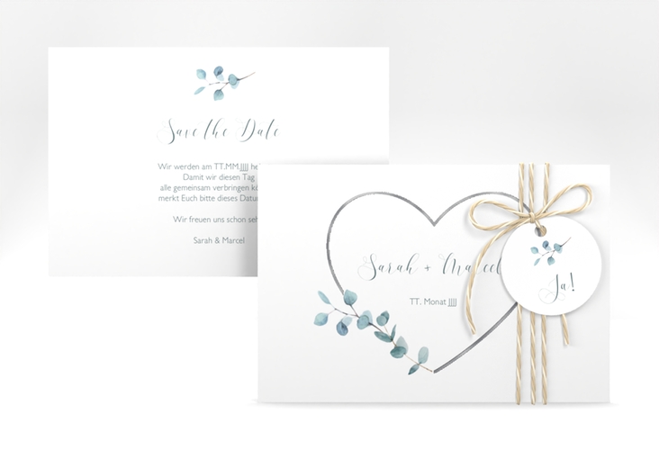 Save the Date-Karte Greenheart A6 Karte quer grau silber mit elegantem Herz und Eukalyptus-Zweig
