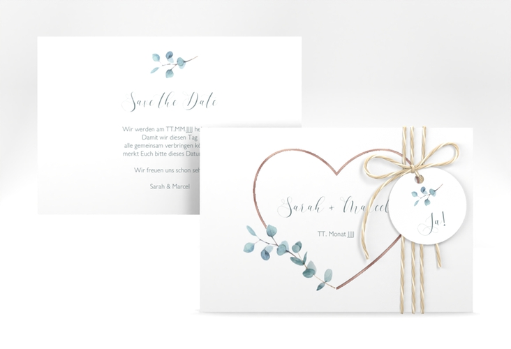 Save the Date-Karte Greenheart A6 Karte quer grau rosegold mit elegantem Herz und Eukalyptus-Zweig