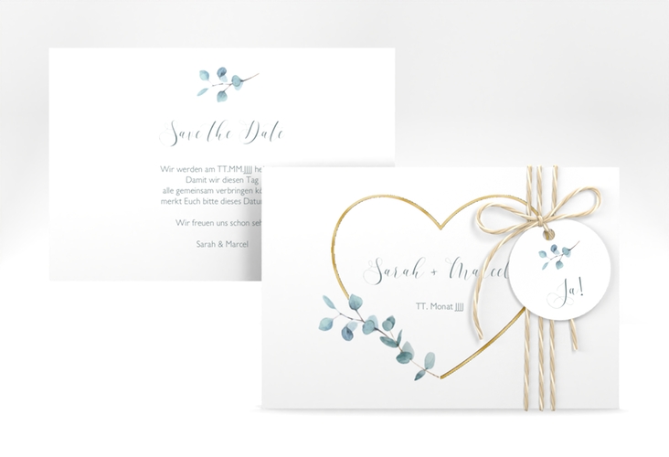 Save the Date-Karte Greenheart A6 Karte quer rosa gold mit elegantem Herz und Eukalyptus-Zweig