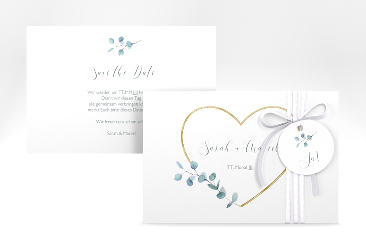 Save the Date-Karte Greenheart A6 Karte quer rosa gold mit elegantem Herz und Eukalyptus-Zweig