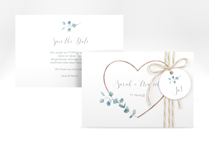 Save the Date-Karte Greenheart A6 Karte quer rosa rosegold mit elegantem Herz und Eukalyptus-Zweig