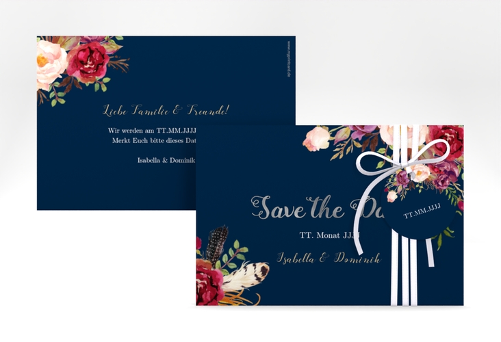 Save the Date-Karte Flowers A6 Karte quer blau silber mit bunten Aquarell-Blumen