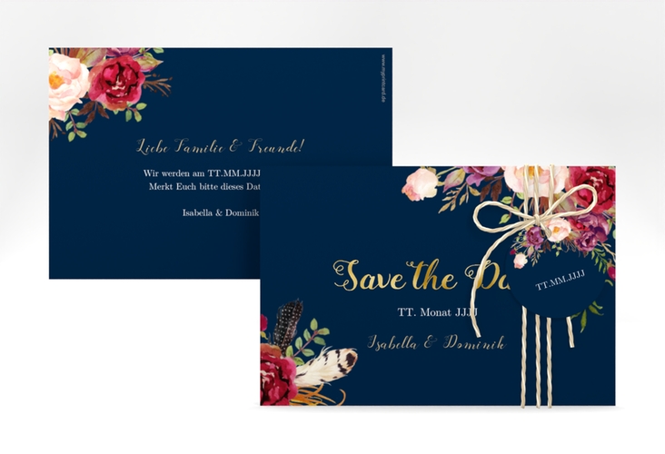 Save the Date-Karte Flowers A6 Karte quer blau gold mit bunten Aquarell-Blumen