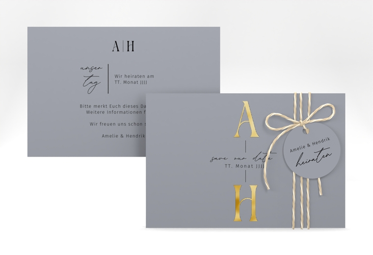 Save the Date-Karte Lebensbund A6 Karte quer blau gold mit veredelbaren Initialen