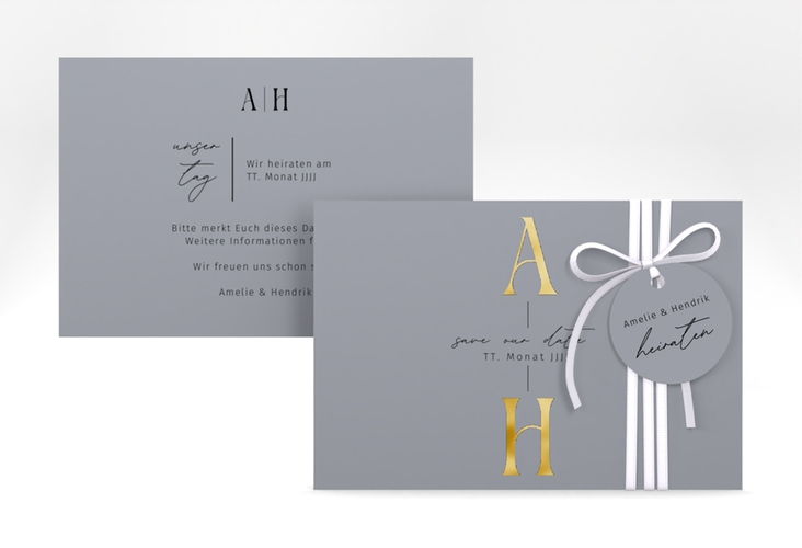 Save the Date-Karte Lebensbund A6 Karte quer blau gold mit veredelbaren Initialen