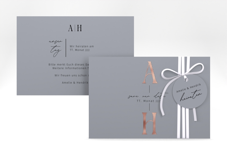 Save the Date-Karte Lebensbund A6 Karte quer blau rosegold mit veredelbaren Initialen