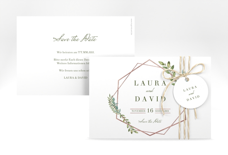 Save the Date-Karte Herbarium A6 Karte quer rosa rosegold mit geometrischem Rahmen und Blätter-Dekor