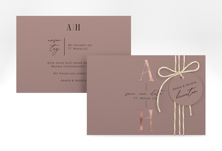 Save the Date-Karte Lebensbund A6 Karte quer rosa rosegold mit veredelbaren Initialen