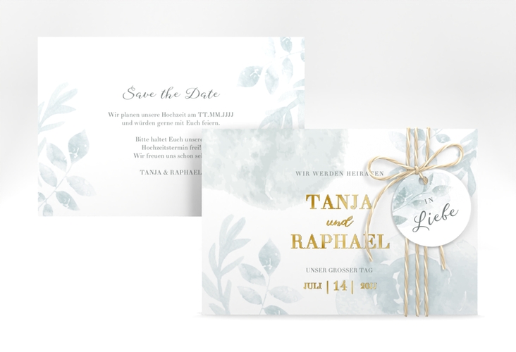 Save the Date-Karte Blätterdruck A6 Karte quer mint gold
