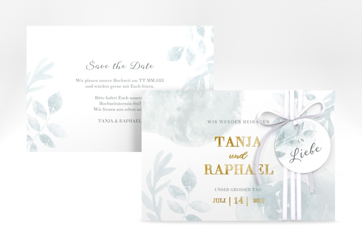 Save the Date-Karte Blätterdruck A6 Karte quer mint gold