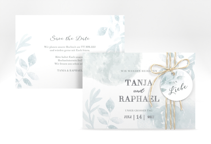 Save the Date-Karte Blätterdruck A6 Karte quer mint silber