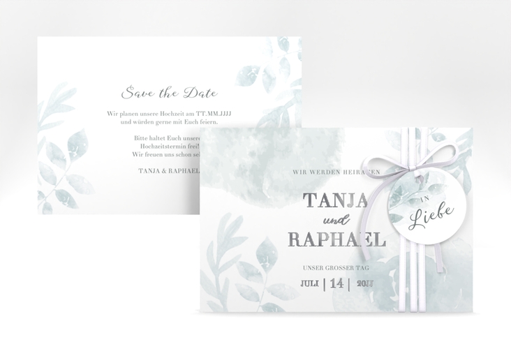Save the Date-Karte Blätterdruck A6 Karte quer mint silber
