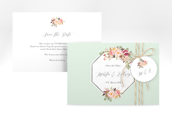 Save the Date-Karte Prachtvoll A6 Karte quer mint silber
