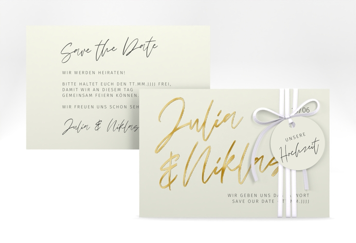 Save the Date-Karte Einfachheit A6 Karte quer mint gold mit modernem Schriftzug