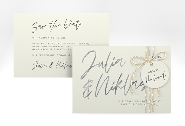 Save the Date-Karte Einfachheit A6 Karte quer mint silber mit modernem Schriftzug