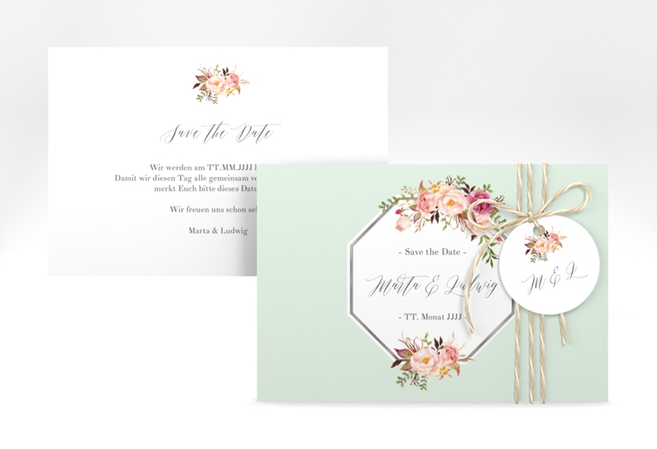Save the Date-Karte Prachtvoll A6 Karte quer mint silber