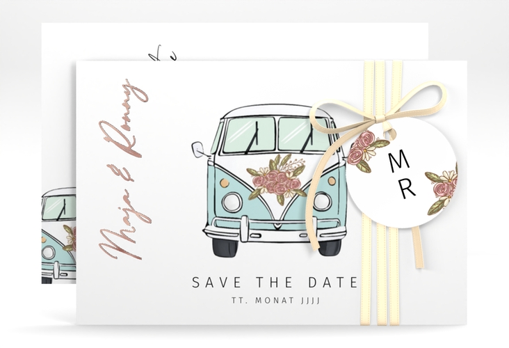 Save the Date-Karte Hochzeitsbulli A6 Karte quer blau rosegold