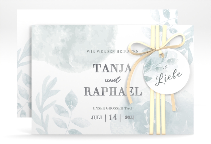 Save the Date-Karte Blätterdruck A6 Karte quer mint silber
