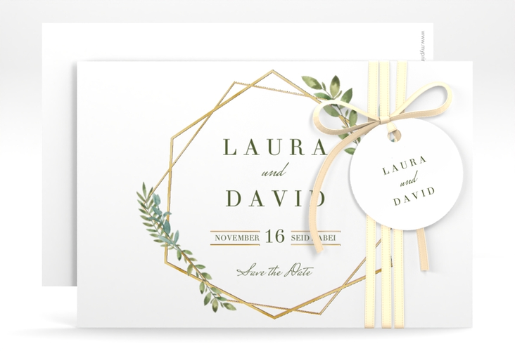 Save the Date-Karte Herbarium A6 Karte quer rosa gold mit geometrischem Rahmen und Blätter-Dekor