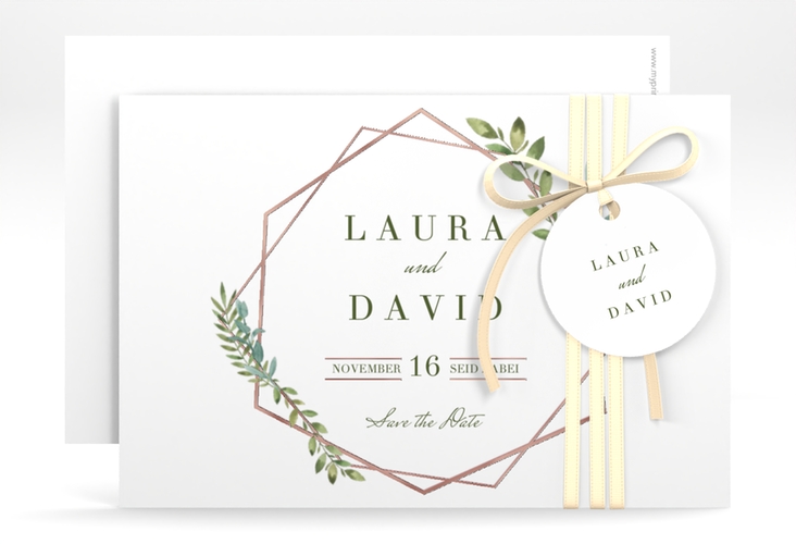 Save the Date-Karte Herbarium A6 Karte quer rosa rosegold mit geometrischem Rahmen und Blätter-Dekor