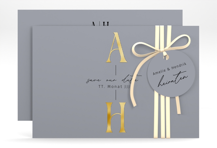 Save the Date-Karte Lebensbund A6 Karte quer blau gold mit veredelbaren Initialen
