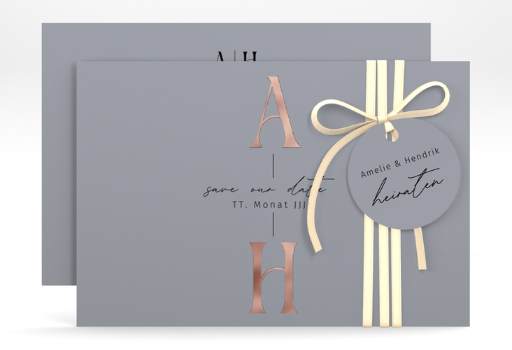 Save the Date-Karte Lebensbund A6 Karte quer blau rosegold mit veredelbaren Initialen