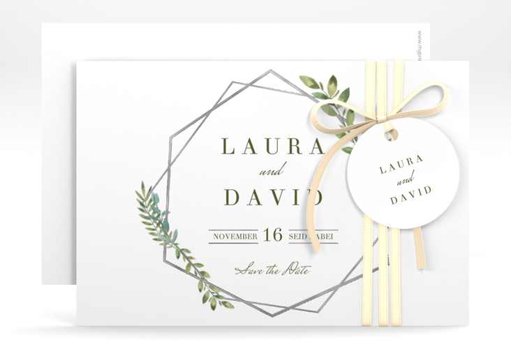 Save the Date-Karte Herbarium A6 Karte quer grau silber mit geometrischem Rahmen und Blätter-Dekor