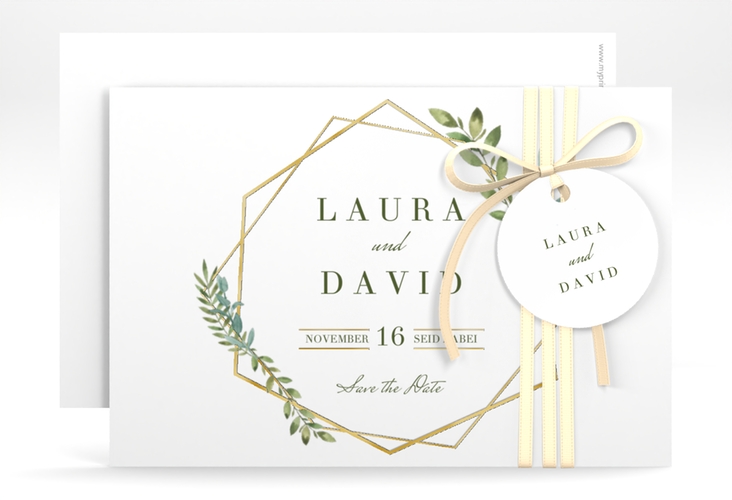 Save the Date-Karte Herbarium A6 Karte quer grau gold mit geometrischem Rahmen und Blätter-Dekor
