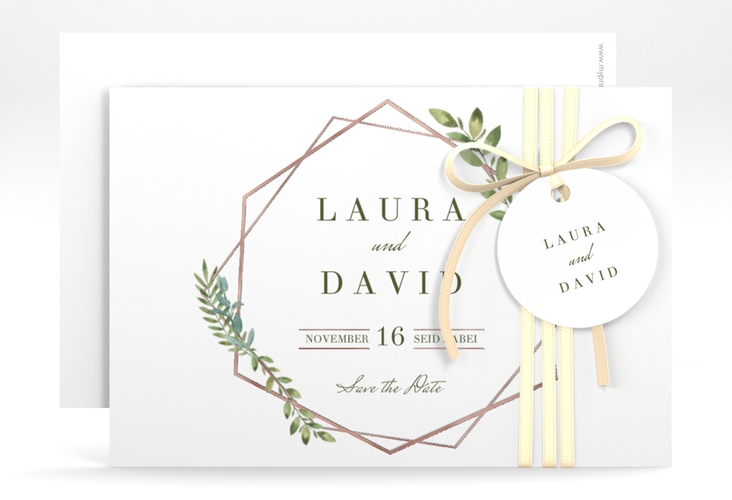 Save the Date-Karte Herbarium A6 Karte quer grau rosegold mit geometrischem Rahmen und Blätter-Dekor