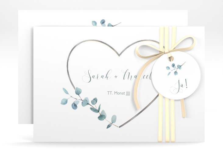 Save the Date-Karte Greenheart A6 Karte quer gold silber mit elegantem Herz und Eukalyptus-Zweig