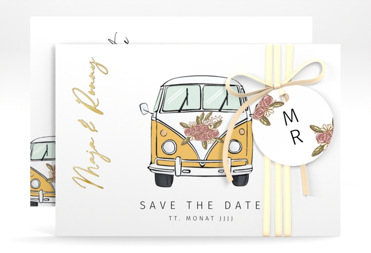 Save the Date-Karte Hochzeitsbulli A6 Karte quer gelb gold