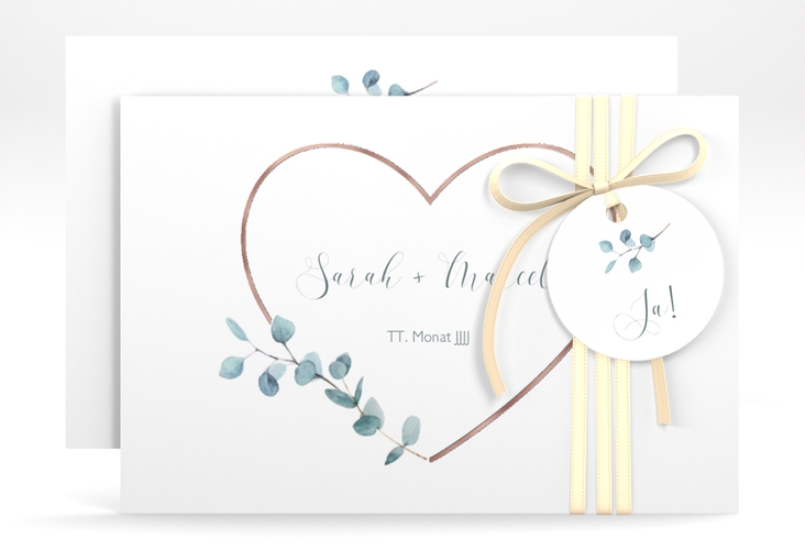 Save the Date-Karte Greenheart A6 Karte quer grau rosegold mit elegantem Herz und Eukalyptus-Zweig