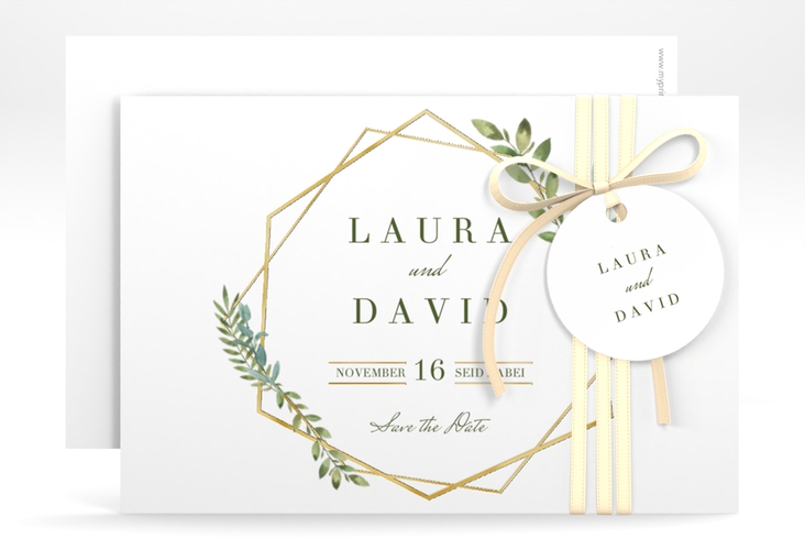 Save the Date-Karte Herbarium A6 Karte quer gold gold mit geometrischem Rahmen und Blätter-Dekor