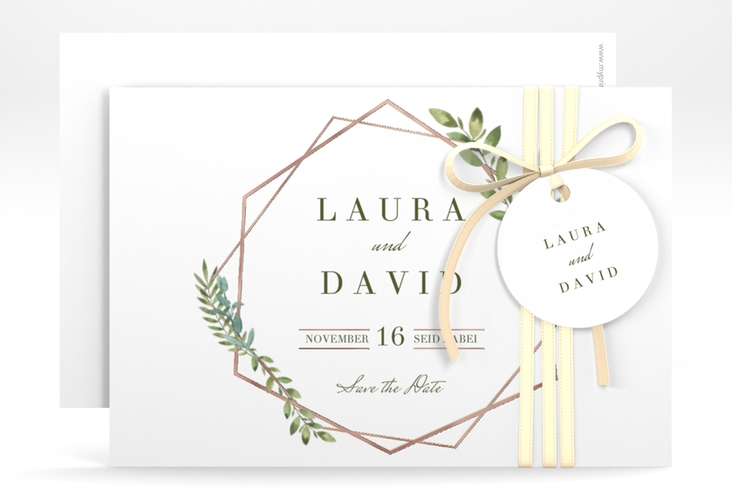 Save the Date-Karte Herbarium A6 Karte quer gold rosegold mit geometrischem Rahmen und Blätter-Dekor