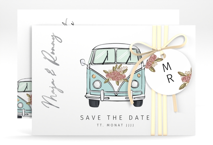 Save the Date-Karte Hochzeitsbulli A6 Karte quer blau silber