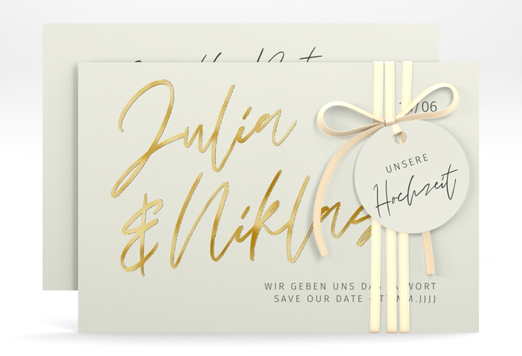 Save the Date-Karte Einfachheit A6 Karte quer mint gold mit modernem Schriftzug