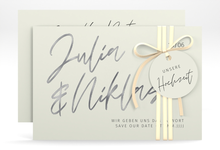 Save the Date-Karte Einfachheit A6 Karte quer mint silber mit modernem Schriftzug
