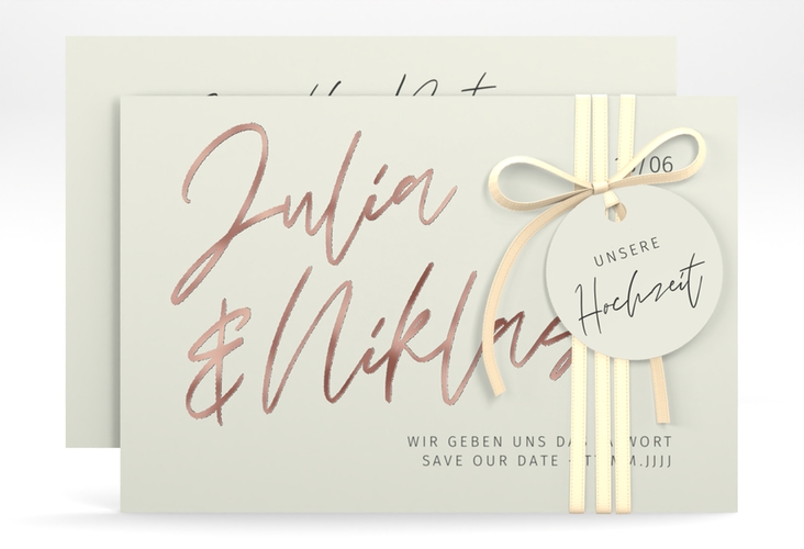 Save the Date-Karte Einfachheit A6 Karte quer mint rosegold mit modernem Schriftzug