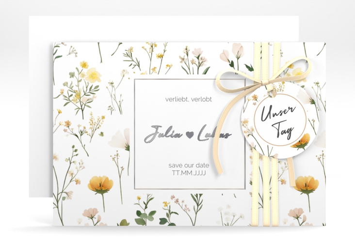 Save the Date-Karte Blumenwiese A6 Karte quer bunt silber