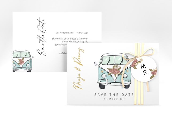 Save the Date-Karte Hochzeitsbulli A6 Karte quer blau gold